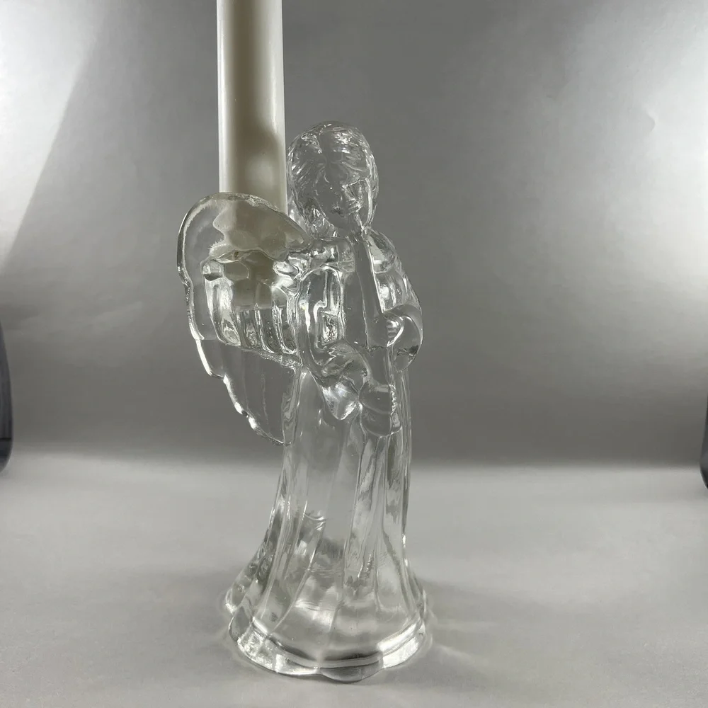 Vintage Christmas Angel Glass Taper Candle Holder Play The Trumpet Celestial - Picture 6 of 8